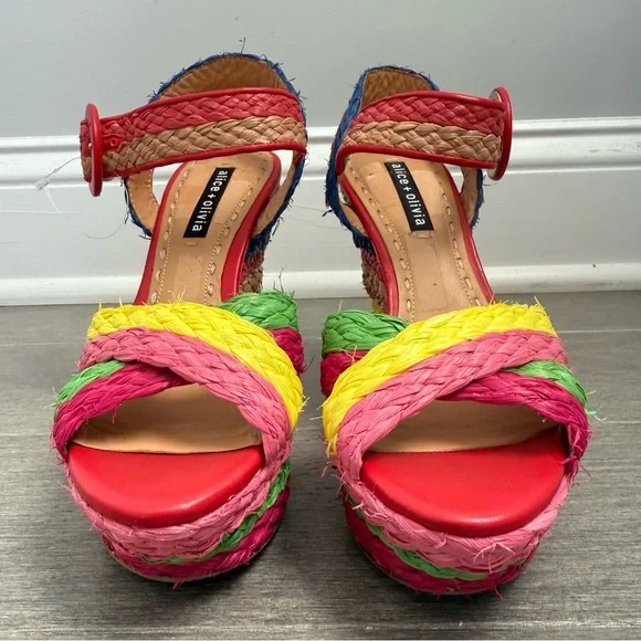 Alice + Olivia Josiey Rainbow Raffia Wedge Sandals Size 8 Colorful Platform Shoe - Picture 7 of 16
